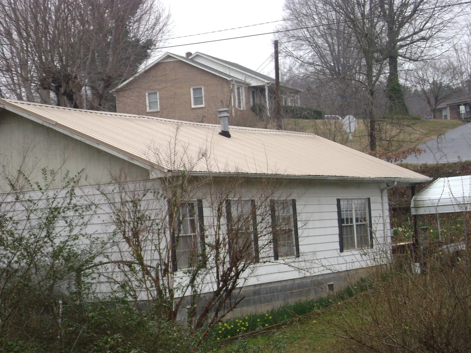 Tan metal roof on a white sided house set into a hillside in Carbonado